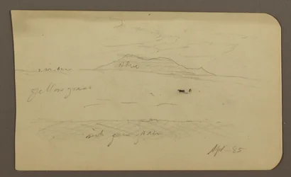 Disegno, Paesaggio montano; verso: Chiesa con cupola, aprile 1885