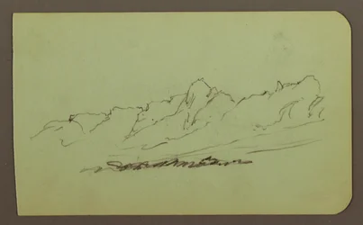 Disegno, paesaggio montano; verso: catena montuosa, figura, 1883
