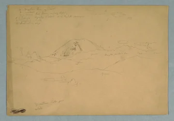Disegno, picco montuoso, forse il Chimborazo, che si erge su tre catene montuose successive, Ecuador, 1857