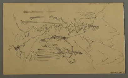 Disegno, Cime di montagna, due figure in una barca a remi, agosto 1868