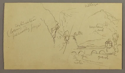 Disegno, valle montana, ponte, edifici, forse 1868-69