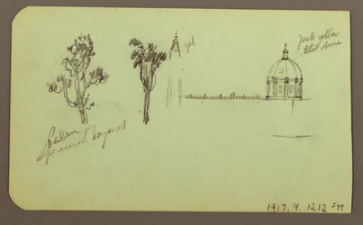 Disegno, montagna, albero, figura; verso: chiesa, albero, 1883
