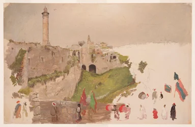 Disegno, corteo che entra in città, Giaffa, inizio marzo 1868
