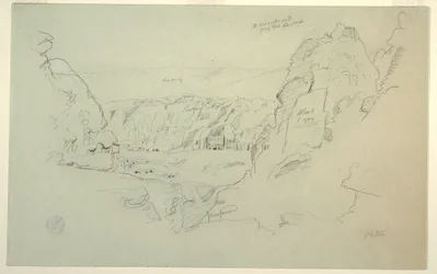 Disegno, Petra, Giordania da ovest, che mostra il palazzo e le tombe corinzie, 26 febbraio 1868