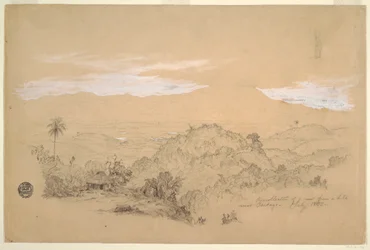 Disegno, Ricordi di una veduta da una collina vicino a Cartago, Colombia, con una donna che porta un vaso d