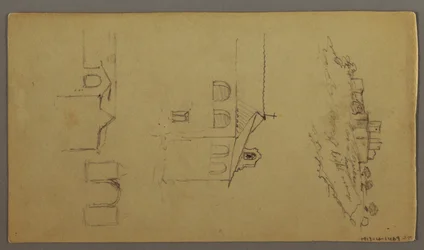 Disegno, recto: Vuoto; verso: Fortree sulla cima della collina, due c, porta d