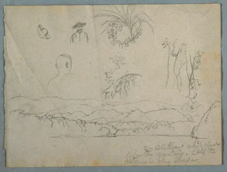 Disegno, riva del fiume con montagne e nuvole, tre schizzi botanici e studi di busti di uomini con cappello, 1853