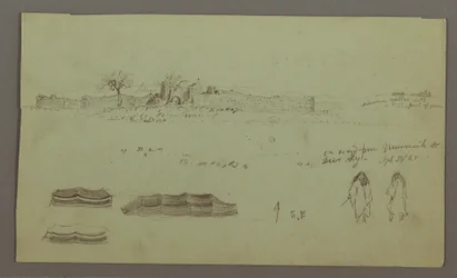 Disegno, Rovine circondate da mura, tende, due studi di figure, 28 aprile 1868