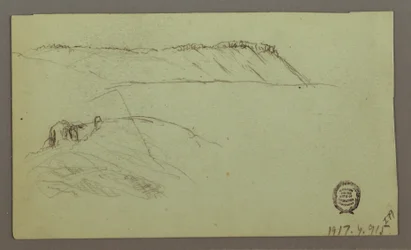 Disegno, Rovine circondate da mura, tende, due studi di figure, 28 aprile 1868