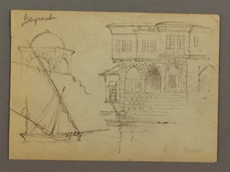 Disegno, schizzi di una struttura a cupola, di una nave e di una casa signorile, gennaio 1868