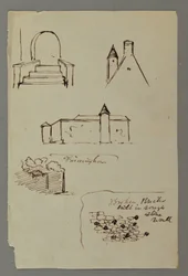 Disegno, scale, tetto con torre, muro di pietra, forse 1869