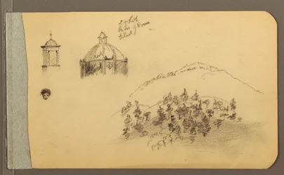 Disegno, Campanile, cupola, testa, colline, 1889