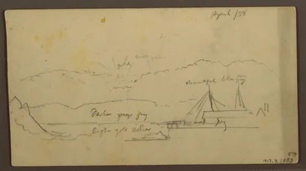 Disegno, Tramonto sulla riva con nave, 1858