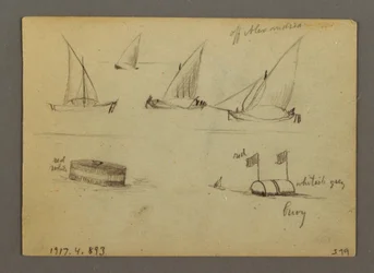 Disegno, Tramonto sul mare, battello a vapore, forse 1868