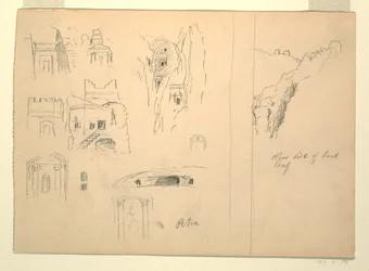 Disegno, Dieci studi di tombe e una veduta di rocce, Petra, Giordania, 26 febbraio 1868