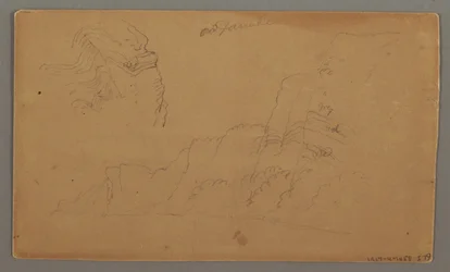 Disegno, Casa in legno, due barche a vela, studio del tetto, forse 1868