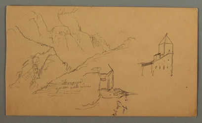 Disegno, Due chiese, valle, cascata, 1868