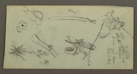 Disegno, due figure a cavallo, con lance, spada, parte inferiore di un cannone, ecc., forse 1868