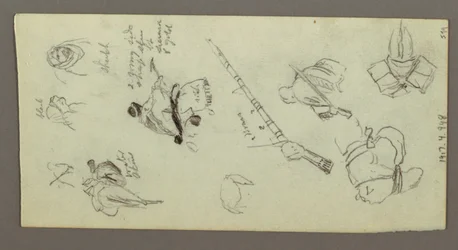 Disegno, due figure a cavallo, con lance, spada, parte inferiore di un cannone, ecc., forse 1868