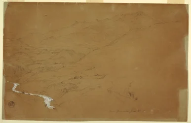 Disegno, valle con ruscello e case, vicino a Guaranda, Ecuador, 4 giugno 1857