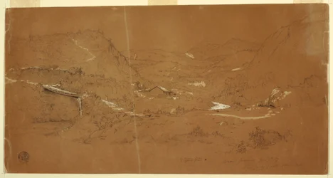 Disegno, valle con ponte e case, vicino a Guaranda, Ecuador, 5 giugno 1857