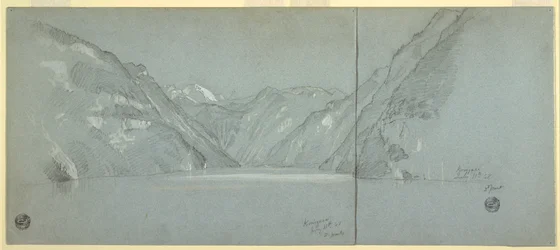 Disegno, Veduta del lago Konigssee con il Falkenstein, vicino a Berchtesgaden, Baviera, Germania, parte 2, 11 luglio 1868