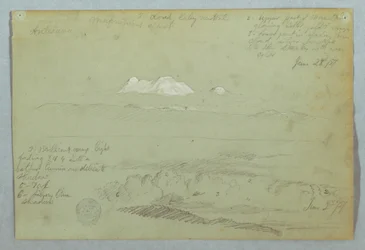 Disegno, vedute del vulcano Artisana da o vicino a Quito, e un cielo nuvoloso su una cresta montuosa, Ecuador, 23 giugno 1857