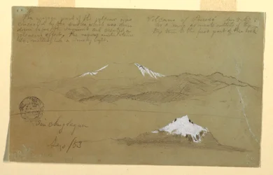 Disegno, Vedute del vulcano Puresé, Colombia, e del monte Sincholagua, Ecuador, 9 agosto e settembre 1853.