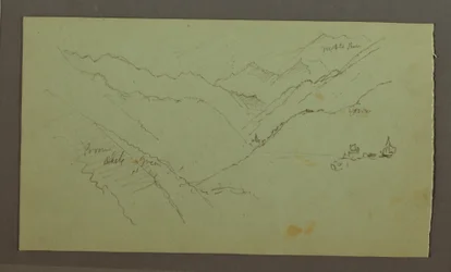 Disegno, villaggio e valle ripida (Alpi), 1868-69