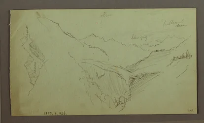 Disegno, villaggio e valle ripida (Alpi), 1868-69