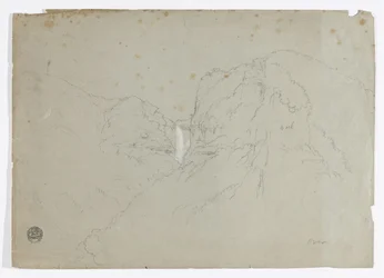 Disegno. a. Schizzo. Tequendama Ralls vicino a Bogotà, Colombia. b. Veduta di catene montuose lontane.