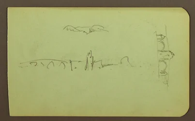 Disegno, colline, chiesa, ponte; verso: figura, croce, chiesa, 1883