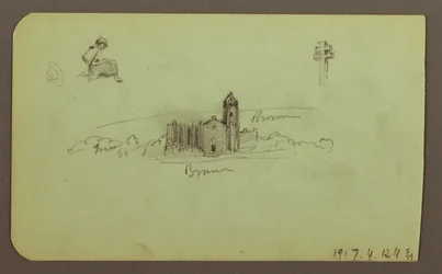 Disegno, colline, chiesa, ponte; verso: figura, croce, chiesa, 1883