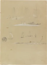 Studi di navi a vela e paesaggi costieri