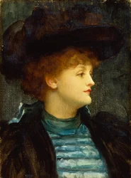 Ritratto di donna in abito turchese con cappotto e cappello neri