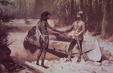 Trapper franco-canadese che fa affari con un nativo americano, fine XIX secolo (litografia a colori)