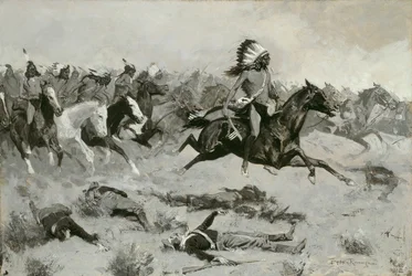 Rushing Red Lodges Passed through the Line, c. 1900