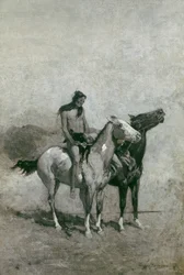 Il mangiatore di fuoco ha gettato la sua vittima sul suo pony, c.1900