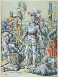 Battaglia di Pavia: Francesco I, sconfitto, consegna la sua spada al cavaliere Carlo di Lannoy nel 1525