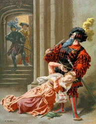 Barbablù cerca di uccidere sua moglie, c.1890 (illustrazione)