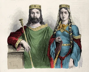 Clodoveo (481-511), re dei Franchi, con la sua seconda moglie santa Clotilde (Clothilde), regina. Incisione di Lix.