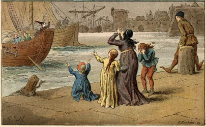 Canzone popolare: "A Nantes è arrivato". Bambini piangono il loro mare, portato via da un marinaio. Illustrazione (dettaglio) di Frederic Theodore Lix (1830-1897) in "Chansons et rondes enfantines des provinces de la France"