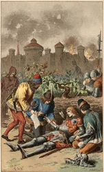 Canzone popolare: "Era il Granduca del Maine". Morte del Duca del Maine, trafitto da una freccia. Illustrazione di Frederic Theodore Lix (1830-1897) in "Chansons et rondes enfantines des provinces de la France"