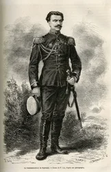 Ritratto del viaggiatore e narratore Tenente Colonnello di Prjewalski, disegno di F. Lix per illustrare il viaggio in Mongolia e nella terra dei Tanguti dal 1870 al 1873, del Tenente Colonnello di Prjewalski. Incisione in Le tour du monde.