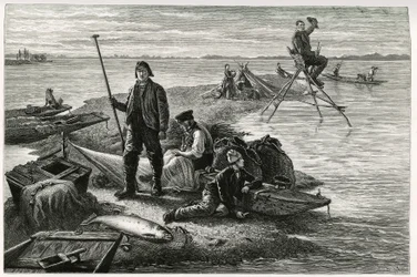 Pesca al salmone. Incisione di F.Lix, per illustrare il racconto “Attraverso l