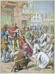 Assedio di Calais da parte di Edoardo III nel 1346 - 1347. La regina Filippa di Hainaut supplicò il suo sposo di concedere la grazia ai borghesi di Calais
