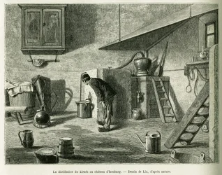 La distillazione del kirsch al castello di Isenburg (incisione)