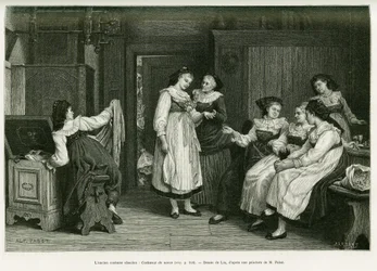 Il vecchio costume alsaziano. Incisione di Lix, dopo un dipinto Present de Noces di Pabst, per illustrare la storia Attraverso l