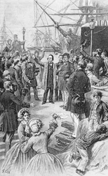 Victor Hugo (1802-85) saluta i suoi amici e sostenitori ad Anversa il 1° agosto 1852, c.1885