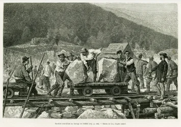 Lavoratori che lavorano alla diga di Alfeld. Incisione di Lix per illustrare la storia A travers l